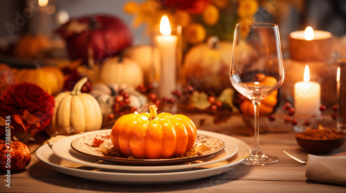Table setting with plate pumpkin and candles