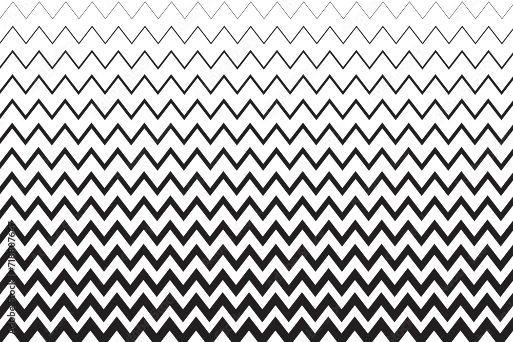 Fototapeta premium Horizontal zigzag lines of different thicknesses. Background with black and white zig zag pattern. Parallel serrated stripes texture. Minimalistic graphic print. Vector illustration