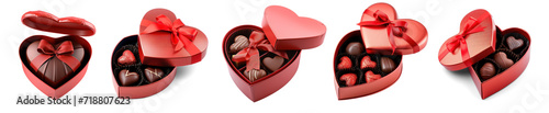 Collection of red heart shaped box with open lid and chocolate inside ribbon on isolate transparency background, PNG © KimlyPNG