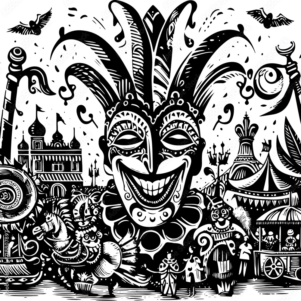 Carnival mask on square with knights and ladies 19th century style. Black and white vector illustration