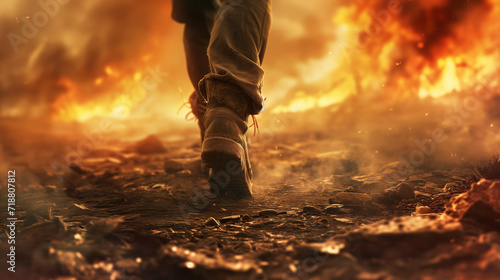 Person Walking Through Flames in Disaster Aftermath