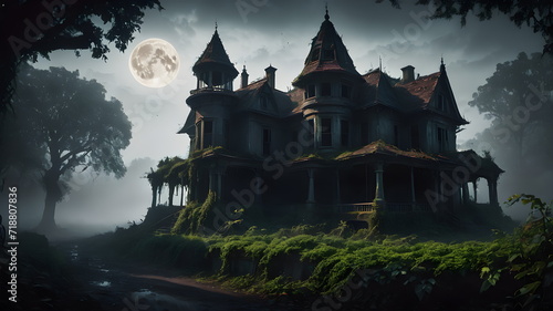 Digital painting of a spooky haunted house enveloped in a thick fogldly nature of the house