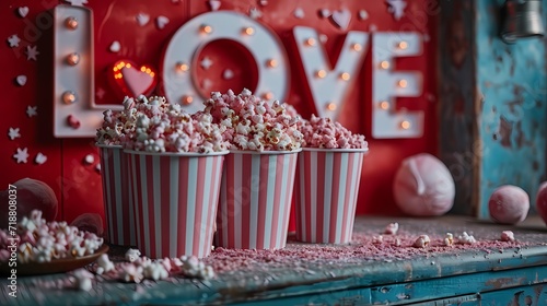 Cinema Background with popcorn and love neon sign