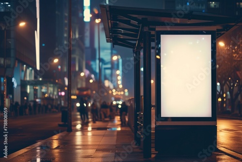 Fotobehang a blank white vertical digital billboard poster on a city street bus stop sign at night