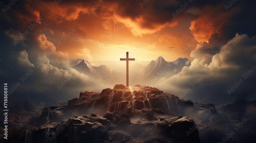 Holy cross symbolizing the death and resurrection of Jesus Christ with the sky over Golgotha Hill is shrouded in light and clouds. Apocalypse concept