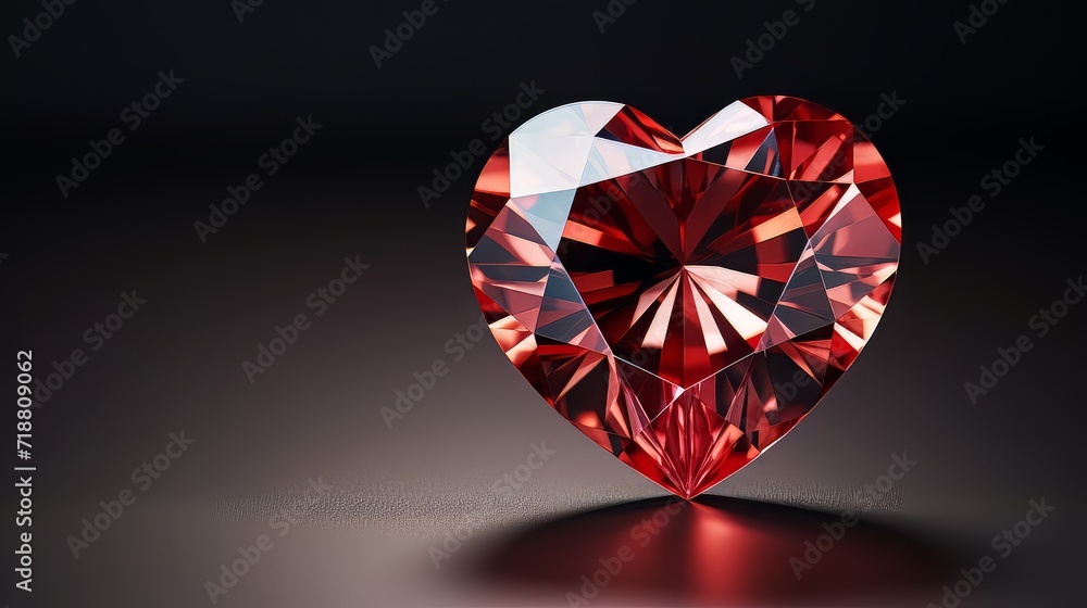 red heart shaped diamond on red background empty space 