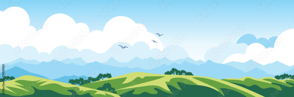 Panoramic view of spring landscape, green meadows and hills, vector illustration	