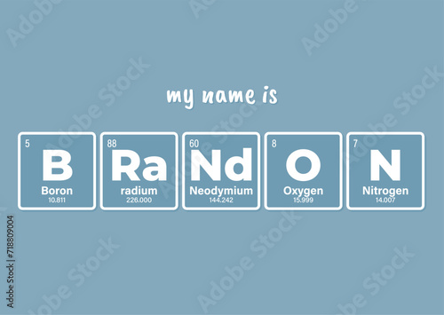 Vector inscription name BRANDON composed of individual elements of the periodic table. Text: My name is. Blue background