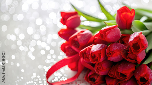 Beautiful bouquet of red tulips on bokeh background. Ai generation.