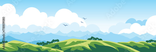 Panoramic view of spring landscape  green meadows and hills  vector illustration 