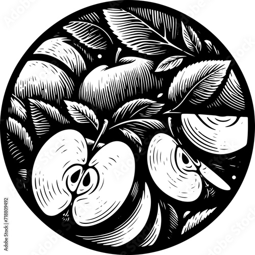 Vector illustration of whole and cut apple enclosed in a circle, black and white on white background