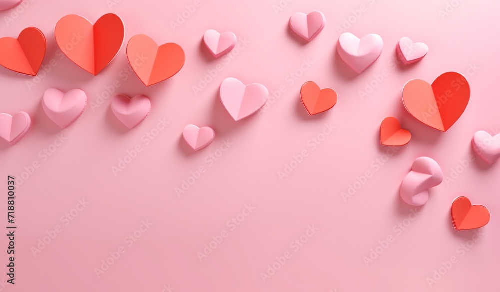 valentines day pink paper hearts on a pink background
