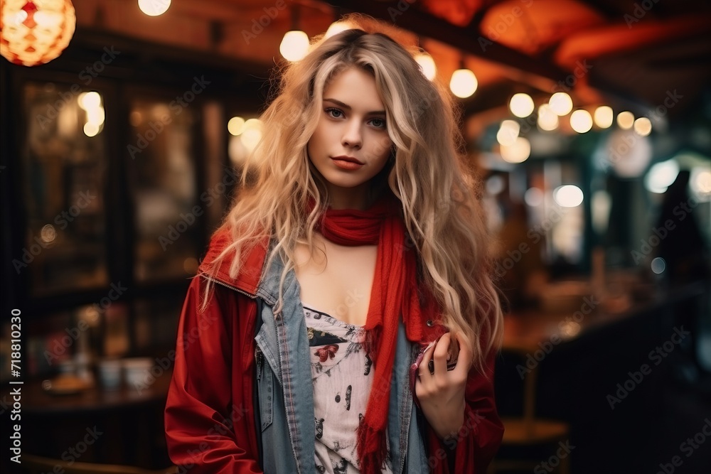Portrait of beautiful young woman with long blond hair in red coat. Portrait of beautiful young woman with long blond hair in red coat.