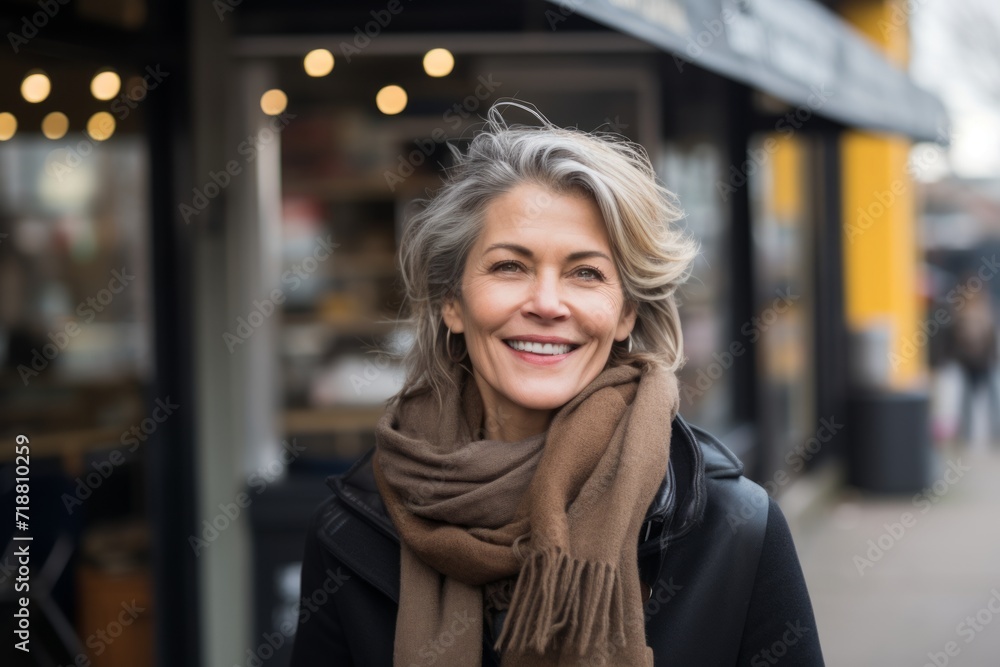 Portrait of a smiling middle-aged woman in a city street.