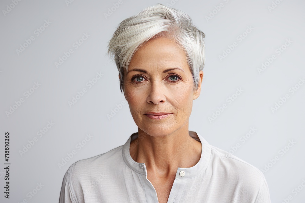 Portrait of senior woman with short white hair against grey background Portrait of senior woman with short white hair against grey background