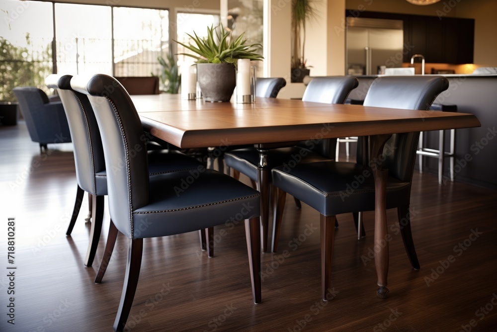 elegant dark wood table with highback leather chairs