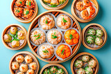 Dim sum on light blue background., Top view.