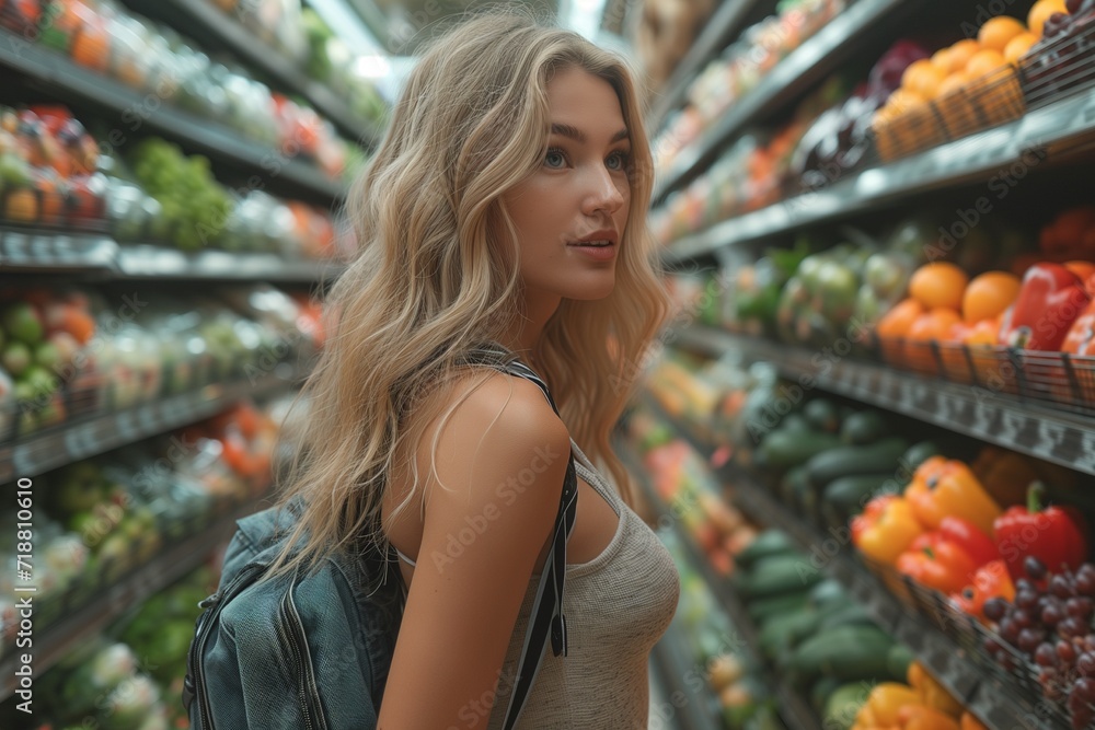 Caucasian woman browsing the aisles of a grocery store, carefully selecting fresh produce and groceries for her shopping cart
