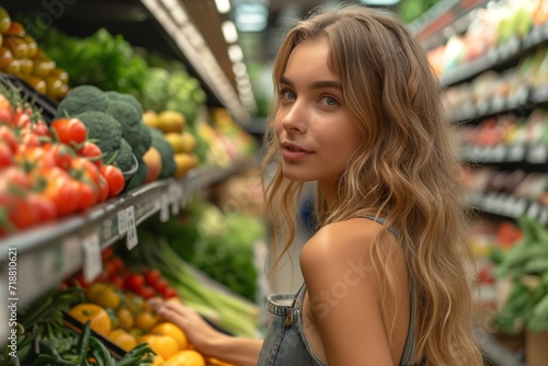 Caucasian woman browsing the aisles of a grocery store  carefully selecting fresh produce and groceries for her shopping cart