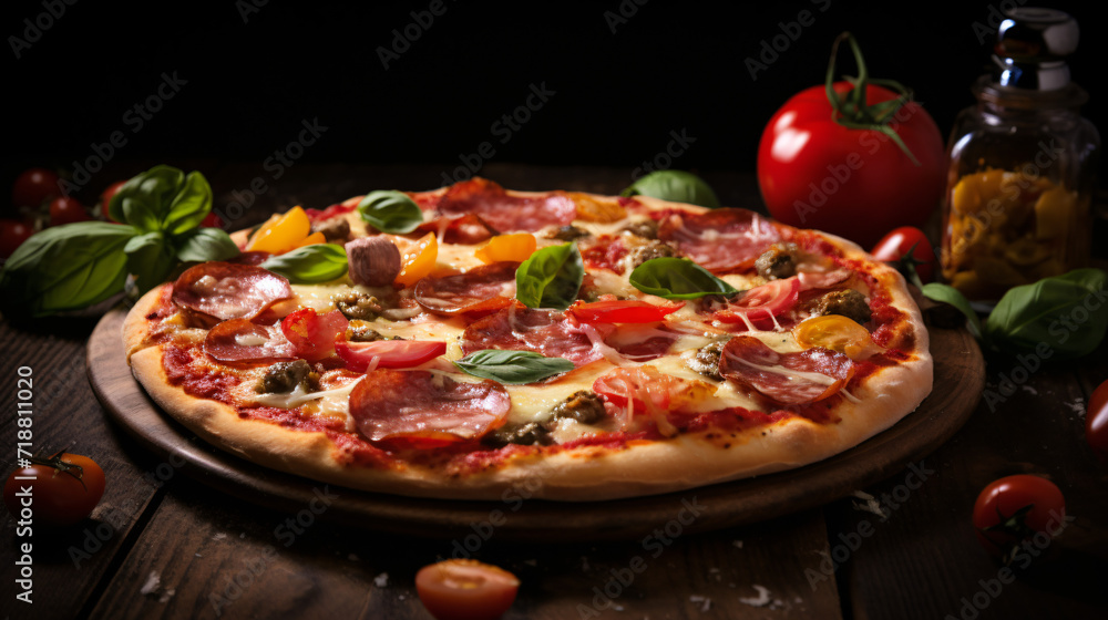 Traditional italian pizza with salami cheese tomatoes