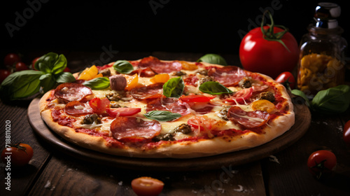 Traditional italian pizza with salami cheese tomatoes