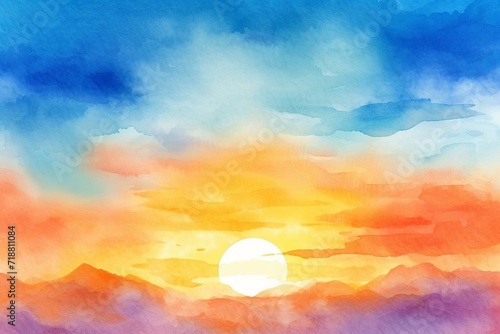 Abstract watercolor sunset sky with the sun over the horizon in orange and blue gradient on textured paper  drawn with a brush. Generative AI