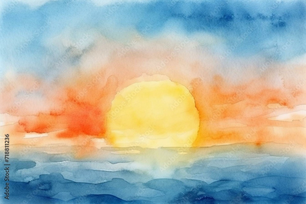 Abstract watercolor sunset sky with the sun over the horizon in orange and blue gradient on textured paper, drawn with a brush. Generative AI - obrazy, fototapety, plakaty 
