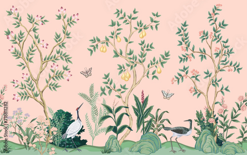 Vintage botanical garden tree, crane, bird, butterfly, stone, plant floral seamless border. Exotic chinoiserie mural.