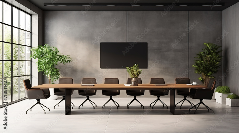 Interior of modern meeting room with white grey walls, table, chair, interior, room, furniture, dining, home, chairs, design, wood, house, seat, wooden, window, floor, restaurant, wall, style, light