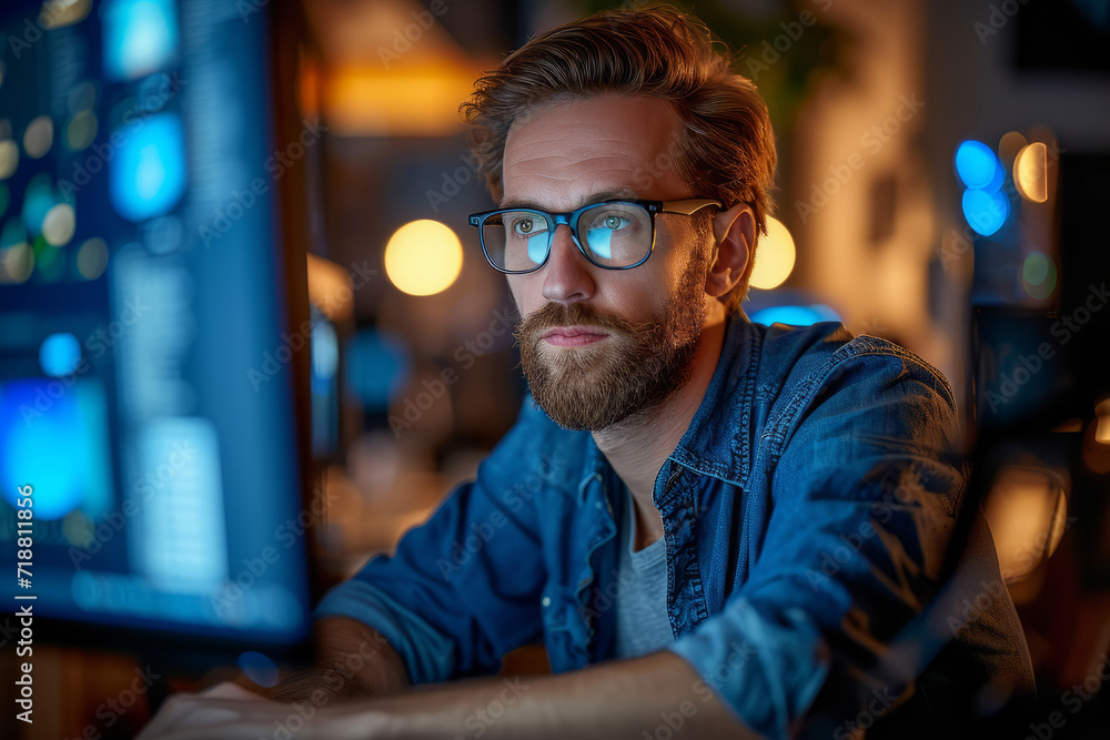 Realistic illustration of a smart male programmer working on his computer with focused and innovative look, theme of technology, created by generative ai Realistic illustration of a smart male programmer working on his computer with focused and innovative look, theme of technology, created by generative ai