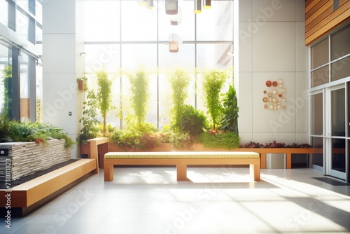 Fotografering sunlit atrium with vertical garden and minimalist benches