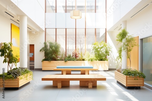 sunlit atrium with vertical garden and minimalist benches