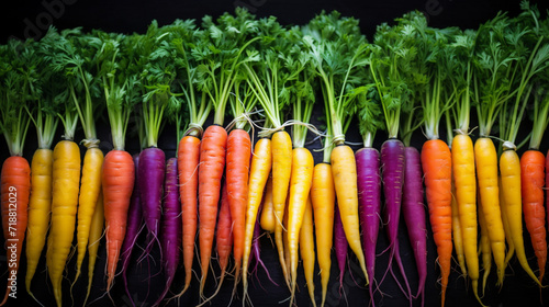 Vibrant carrots display a rainbow palette. From rich orange, yellow to deep purple, a colorful array of nature's hues in one crunchy garden delight. photo