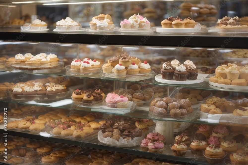  bakery store with a variety of cupcakes. showcase of bakery with muffines