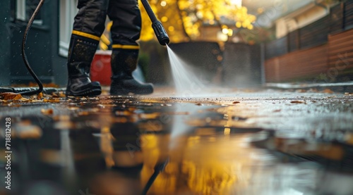 man cleaning pavement with a pressure washer