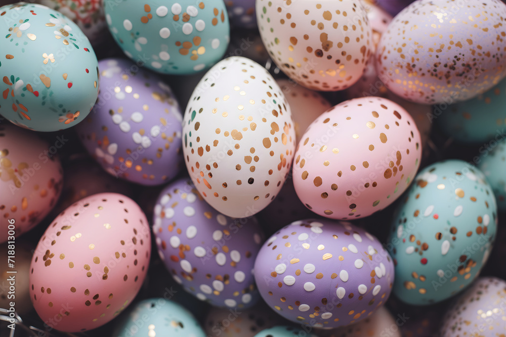 Colorful Easter eggs. Background image for greeting card, spring postcard, banner, flyer, advertising
