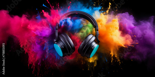 Headphone and vivid color powder on black background