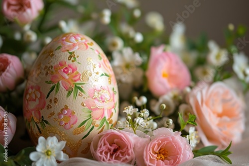 Floral Elegance: Decorated eggs amid flowers, perfect for advertising