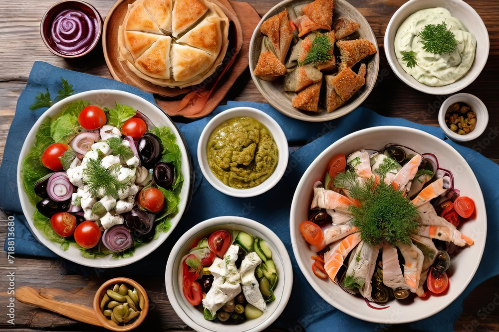Mediterranean Feast. A tempting spread of traditional Greek delights  from vibrant salads to savory meze and mouthwatering fish. Top view on wood background.