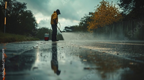 man power washing his road in wet weather with rain
