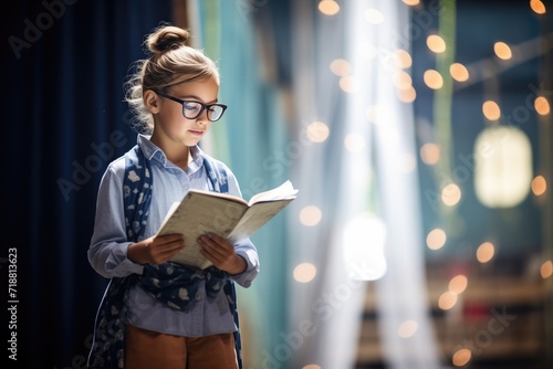 child actress reading script backstage under spotlight