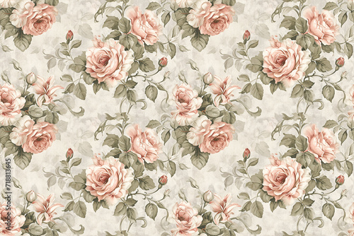 Shabby chic wallpaper design with detailed rose illustrations on a vintage beige background, ideal for elegant interiors seamless pattern.