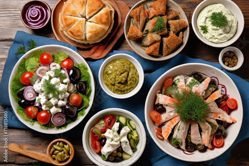 Mediterranean Feast. A tempting spread of traditional Greek delights from vibrant salads to savory meze and mouthwatering fish. Top view on wood background.