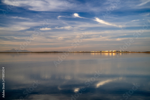 End of the day on a lake  sunset and light in the clouds- Tunisia