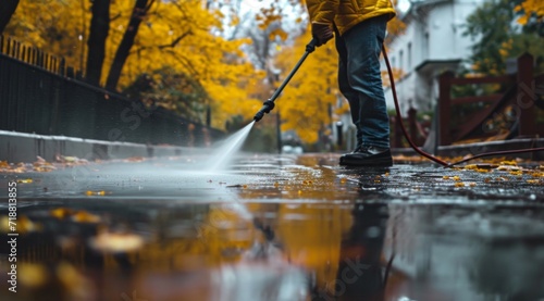 man power washing his road in wet weather with rain