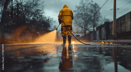 man power washing his road in wet weather with rain