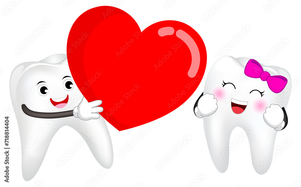 Tooth character with big red heart. Couple in love, Happy Valentine's day concept. Illustration. Tooth character with big red heart. Couple in love, Happy Valentine's day concept. Illustration.