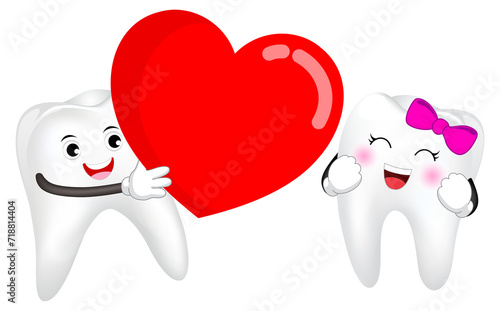 Tooth character with big red heart. Couple in love   Happy Valentine s day concept. Illustration.