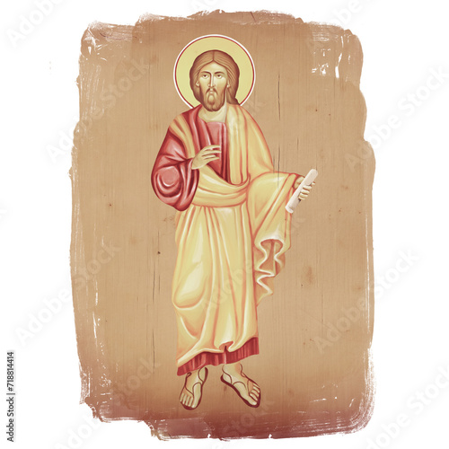 Savior Jesus with a scroll in his hand. Christian illustration in Byzantine style isolated