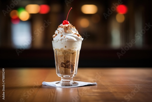 glass of chocolate shake with whipped cream and a cherry on top